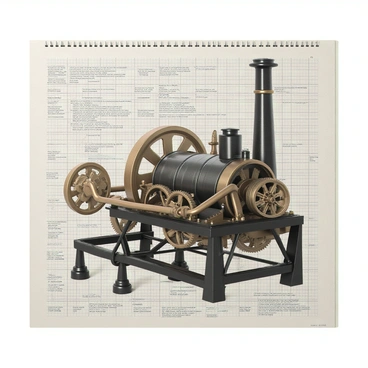 A detailed mechanical diagram of an invention from the industrial age, featuring intricate gears, levers, and pulleys. The diagram includes labeled components such as a large steam engine with a cylindrical boiler, smoke stack, and pipes leading to the working parts. The gears are visibly meshed together, showing the complex interactions between them. The backdrop is a grid paper texture to emphasize the technical aspect, with annotations in fine print to describe each part's function and operation.