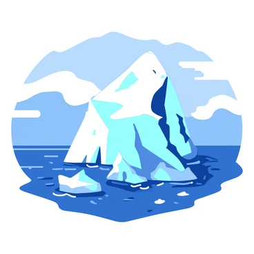 A large iceberg with sharp, jagged edges floats majestically in a frigid ocean. The iceberg is a mix of white and light blue shades, creating a stunning contrast against the deep blue water. Surrounding the iceberg, smaller pieces of ice drift along the surface, reflecting the cool tones of the surroundings. Above, a gray sky looms, creating a dramatic atmosphere that enhances the stark beauty of the icy landscape. The ocean water is choppy with gentle waves lapping against the base of the iceberg, adding texture to the scene.
