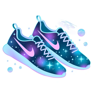 A pair of Nike shoes with a cosmic design is prominently displayed. The shoes showcase a vivid pattern of swirling galaxies in shades of deep blue, purple, and hints of bright white stars. The laces are designed with a shimmering effect, resembling stardust. The soles of the shoes are semi-translucent, allowing glimpses of an ethereal glow emanating from within. The background includes faint outlines of planets and nebulae, enhancing the cosmic theme without overshadowing the footwear. Each shoe is angled to capture the intricate details of the galaxy patterns.