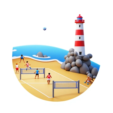 A 3D volleyball game in progress, with players diving and jumping on a sandy court. The players are wearing colorful athletic uniforms and the volleyball is mid-air. Nearby, a towering lighthouse stands tall, its white and red stripes gleaming against the blue sky. The lighthouse is perched on a rocky coast, with waves crashing against the rocks below. The scene captures the excitement of the game as spectators watch from a distance.
