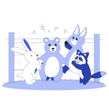 A group of cartoon animals is gathered around an electric fence. The animals include a rabbit, a bear, a fox, and a raccoon, each displaying a distinct expression of surprise. The rabbit has its ears perked up and eyes wide open. The bear is standing on its hind legs with its mouth open, while the fox shows its teeth in a shocked grin. The raccoon is clutching its paws to its face in disbelief. Sparks are visibly jumping from the fence, and there are small comic-style action lines around the animals to emphasize their reaction. The background features grassy terrain with a clear blue sky.