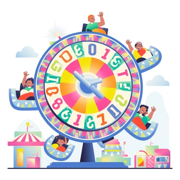 A giant spinning bingo wheel is at the center of the carnival ride, displaying colorful numbers and vibrant patterns all around. The ride is surrounded by glowing lights that illuminate the scene, creating a festive atmosphere. Delighted riders, including children and adults, are securely seated in the ride's compartments, their faces filled with joy and excitement. Some riders are raising their hands in the air, while others are laughing together. In the background, colorful tents and other carnival attractions, such as games and food stalls, are visible, adding to the lively carnival ambiance.