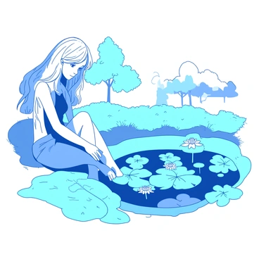 A girl named "Amy" is sitting on the grassy bank beside a "blue" pond. She has long flowing hair and is wearing a casual summer dress. The pond's surface is dotted with green lily pads, some of which have white flowers blooming on top. The reflection of the surrounding trees can be seen in the calm "blue" water. Amy is gazing thoughtfully at the pond, with her legs crossed and hands resting on her knees.