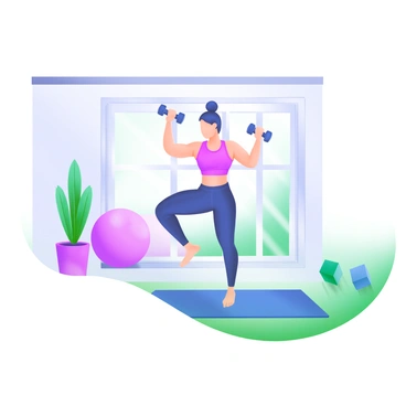 A modern pastel illustration of a person performing yoga poses while incorporating bicep curls with dumbbells. The individual is centered on a yoga mat, wearing comfortable athletic clothing. They are in a standing position, transitioning between a yoga tree pose and a bicep curl, with one leg raised and arms lifted holding the dumbbells. A calming indoor environment features soft colors, gentle light filtering through a window, and a few potted plants in the background. The overall composition conveys a blend of fitness and mindfulness.