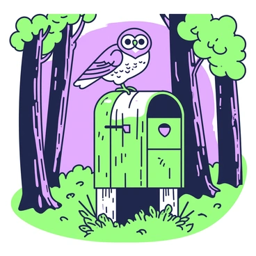 An owl is perched on top of a wooden mailbox situated in a forest. The mailbox is rustic, with weathered wood and a small flag on the side. The owl has large, round eyes and intricate feather patterns. Surrounding the mailbox, tall trees tower with thick trunks and a dense canopy. The light is dim, suggesting dusk, with shadows cast by the trees and a soft glow filtering through the leaves. Small forest elements, such as fallen leaves and ferns, are scattered around the base of the mailbox.