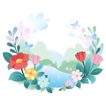 A vibrant garden filled with an array of colorful flowers, including daisies, tulips, and roses in various shades of red, yellow, and blue. Tiny fairies with delicate wings are dancing among the flowers, their wings shimmering in the sunlight. The garden is lush with green foliage, and a small path winds through the flowers, leading to a gentle waterfall at the far end. The scene is bathed in soft pastel colors, creating a dreamy atmosphere. A few butterflies are fluttering above the flowers, adding to the enchanting ambiance.
