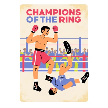 A vintage poster featuring legendary boxers in iconic knockout poses