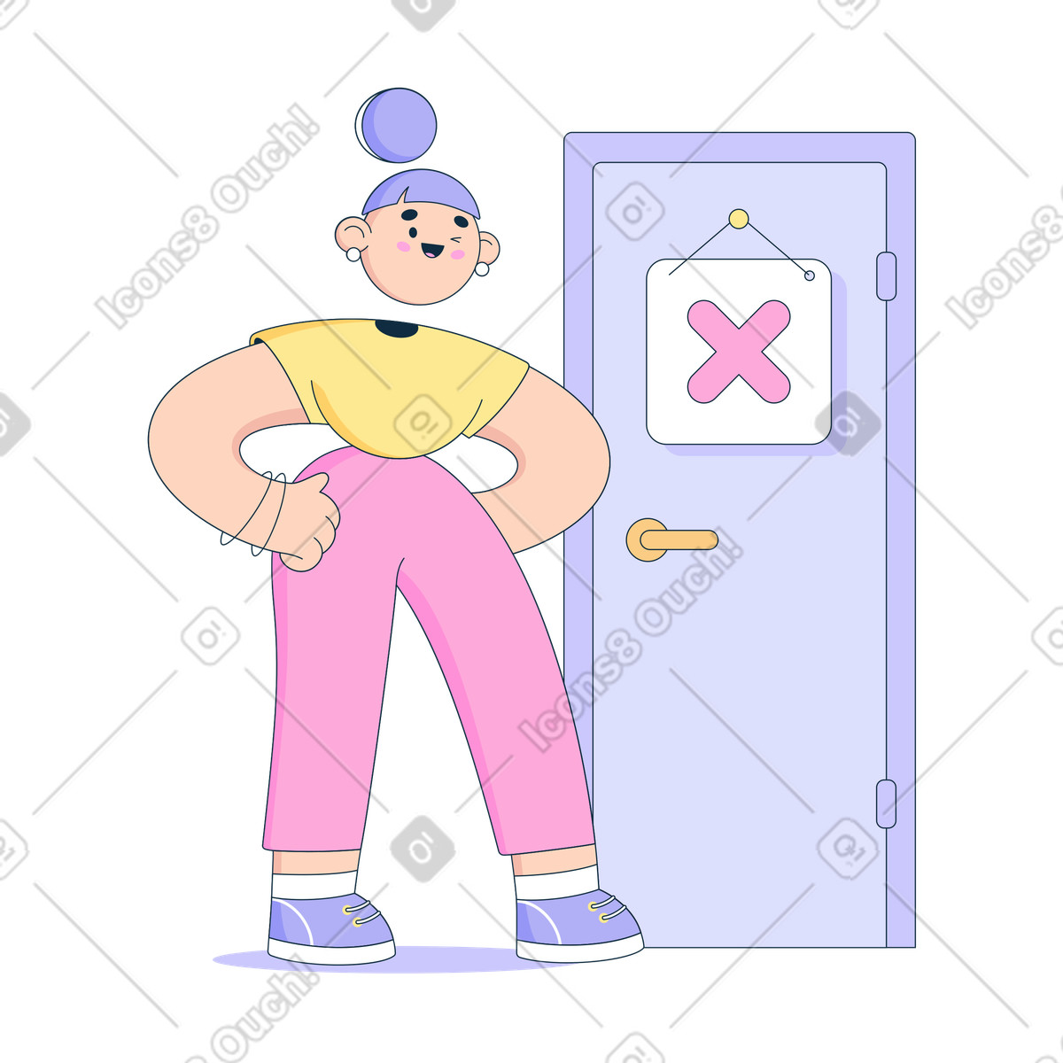 Bubble gum 스타일의 출입 금지 표지판이 있는 문을 바라보는 여자 일러스트레이션 PNG, SVG 다운로드