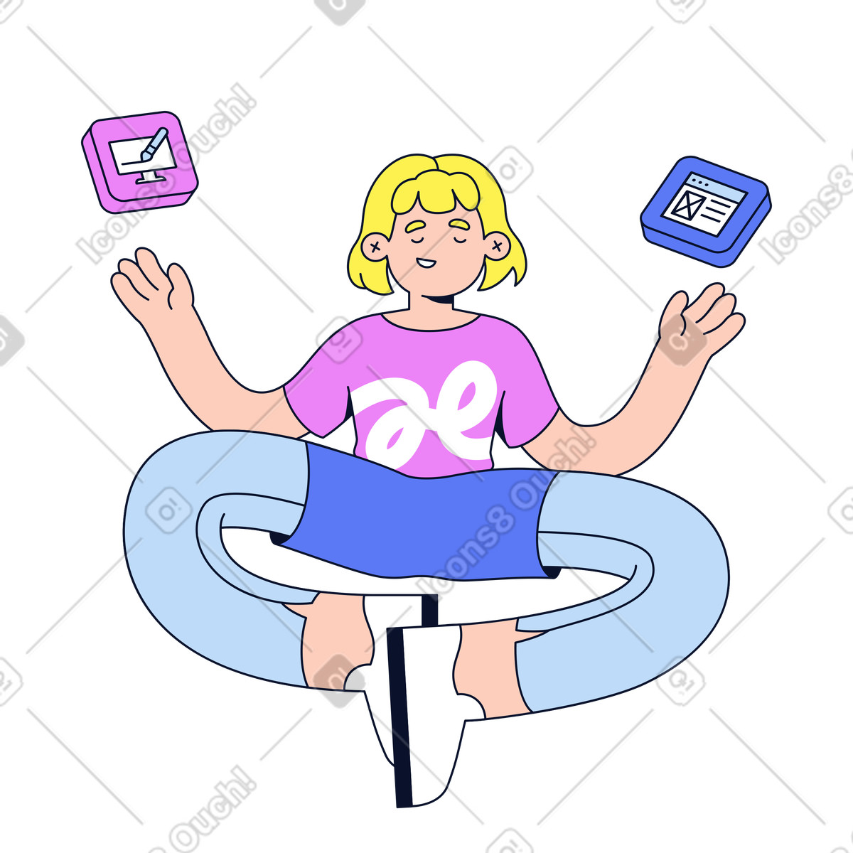 Анимированная иллюстрация Individual meditating on design choices, Choosing between graphic and UI/UX paths в стиле Flexy — скачать в форматах GIF, Lottie (JSON), AE