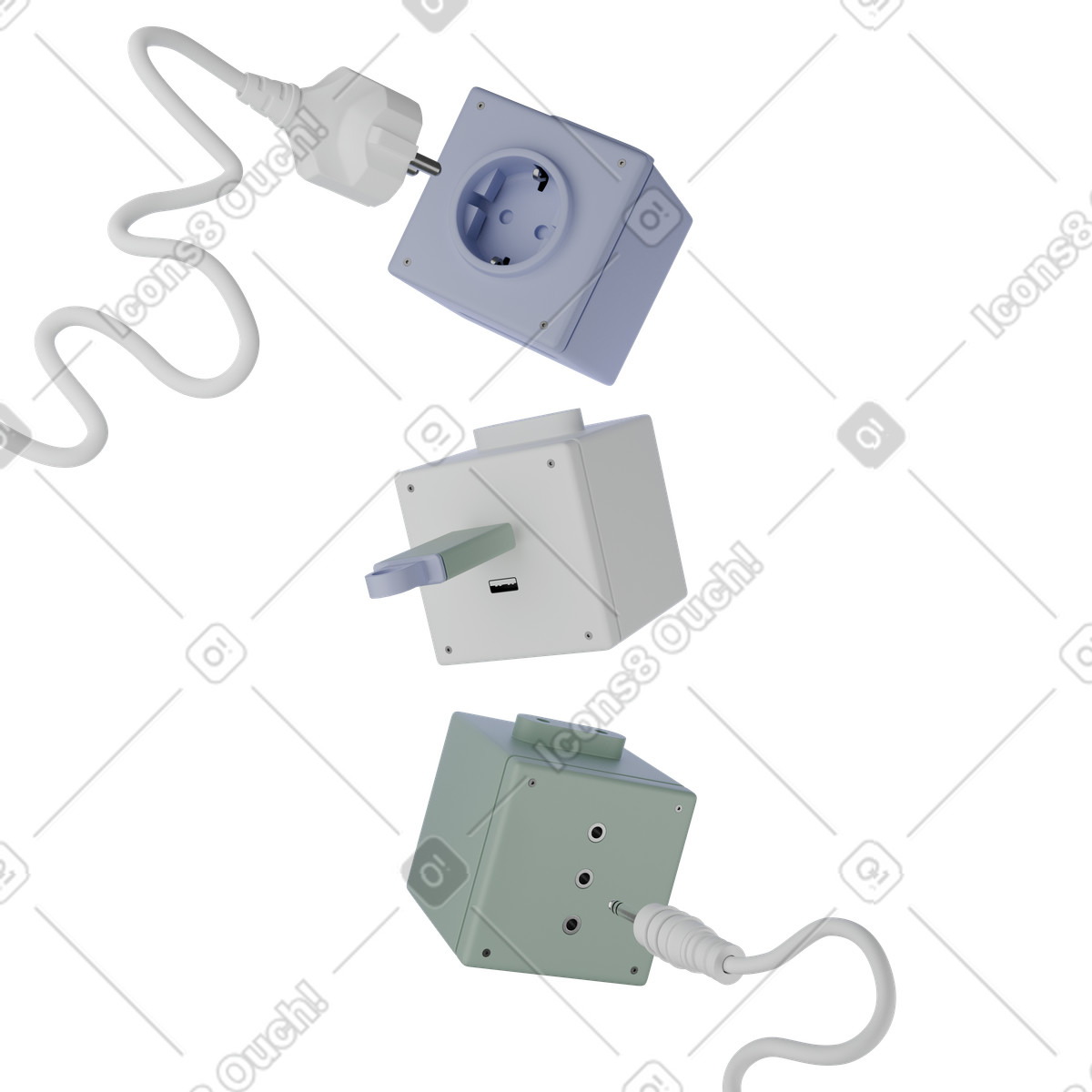 Ilustración White and purple schuko power strips with cable, Extension socket blocks, Electrical outlet renders en estilo 3D Product a descargar en PNG y SVG