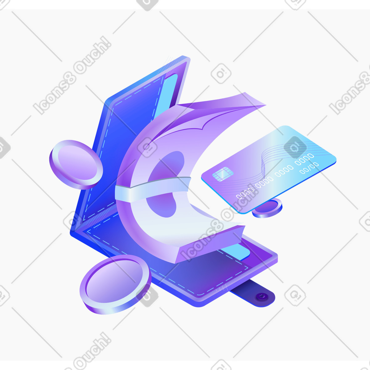 Wallet with bank card illustration featuring cash clipart image in PNG SVG GIF