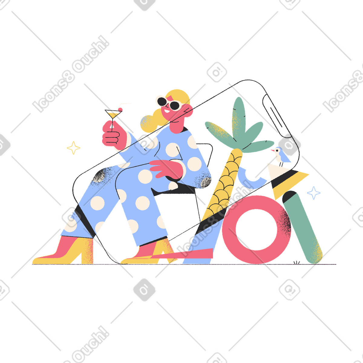 Augmented reality, relaxed user enjoying drink with virtual scenery illustration in Pablo style download in PNG, SVG
