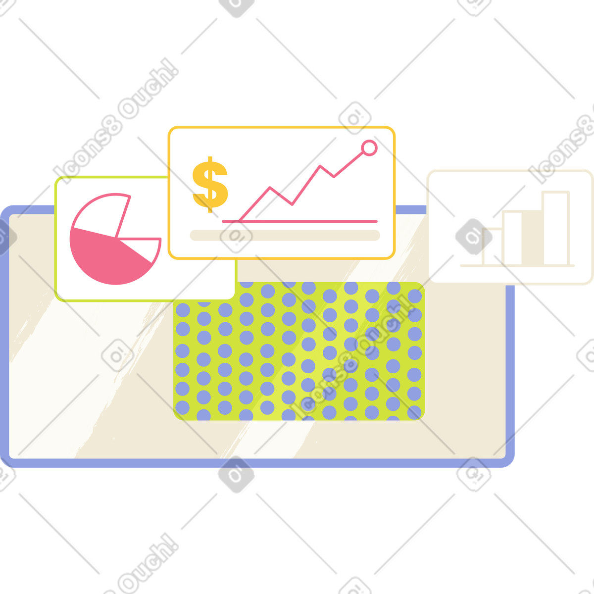 Monitor mit währungswachstumsdiagrammen-Illustration im Juicy-Stil als Download in PNG, SVG
