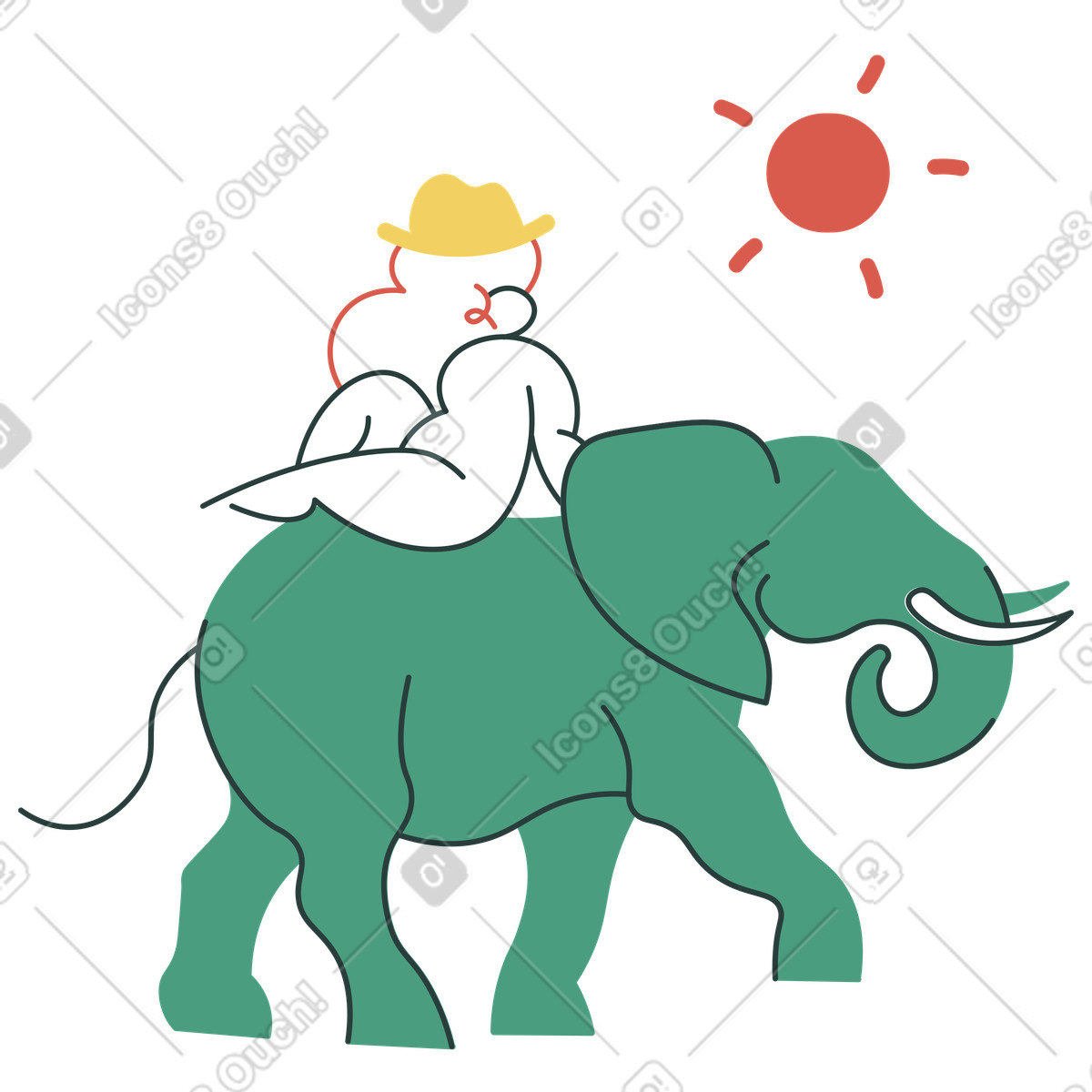 Frau reitet auf einem elefanten in der sonne-Illustration im Macaroni-Stil als Download PNG, SVG