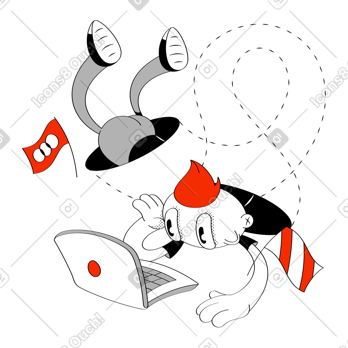 Ragazzo che usa il tunnel vpn per lavorare sul laptop illustrazione in stile Looney scarica in PNG, SVG