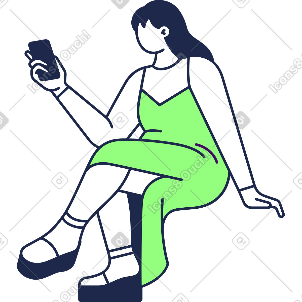 Woman with a mobile phone in her hand illustration Outline style download PNG, SVG