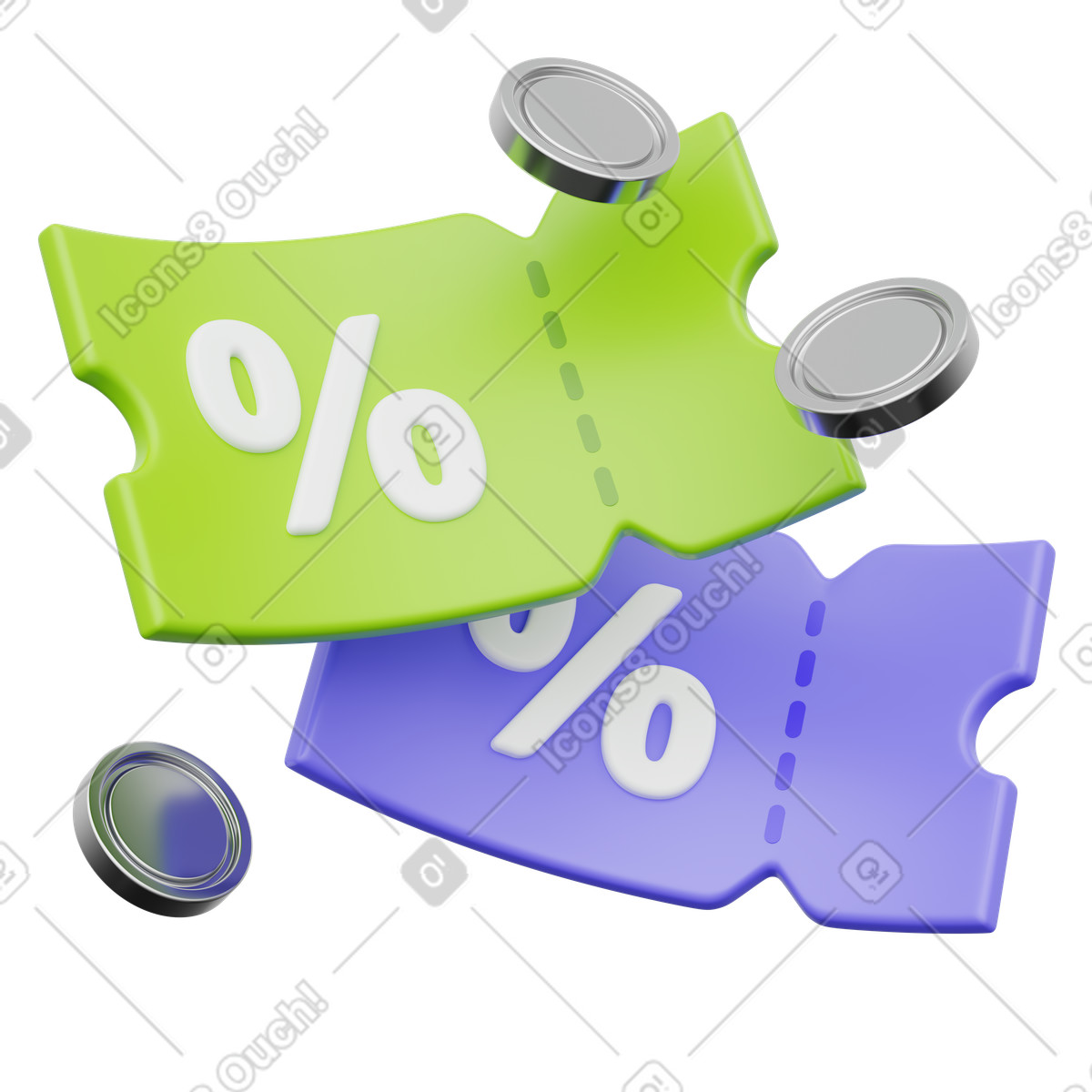 Discount coupon ticket, Green and purple vouchers with coins, Savings cashback illustration in 3D Playful style download in PNG, SVG