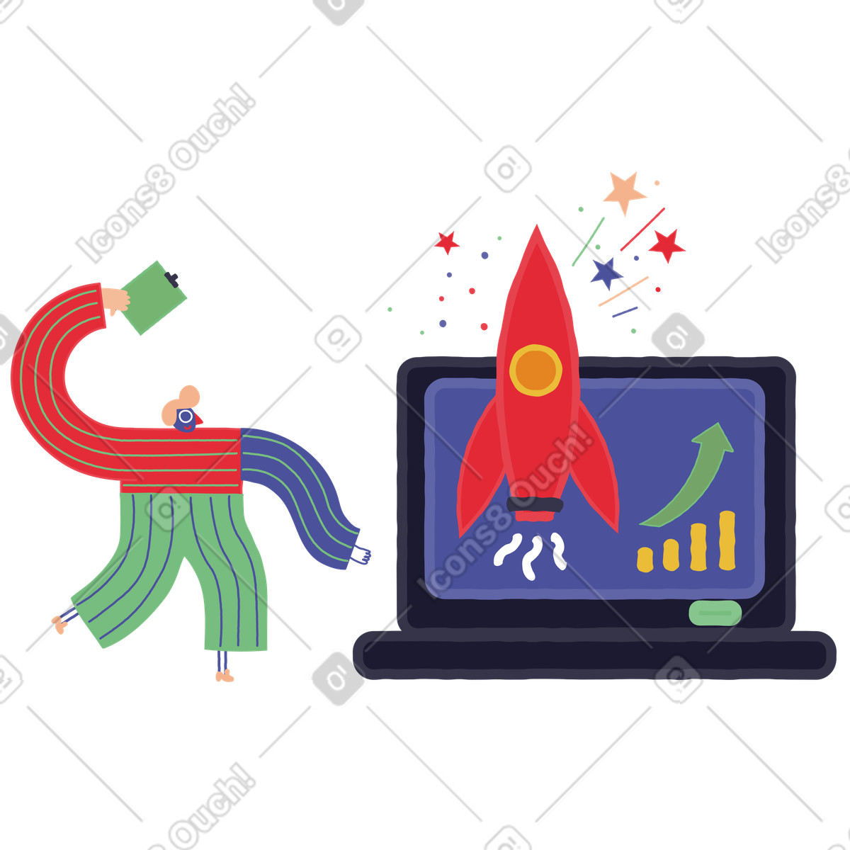 Businessperson celebrating online business growth illustrazione in stile Stripy scarica in PNG, SVG