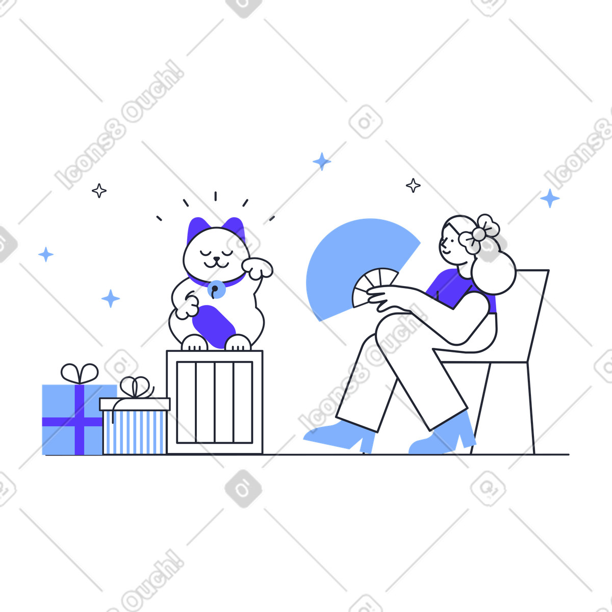 Donna con ventaglio e gatto giapponese illustrazione in stile Pablita scarica in PNG, SVG