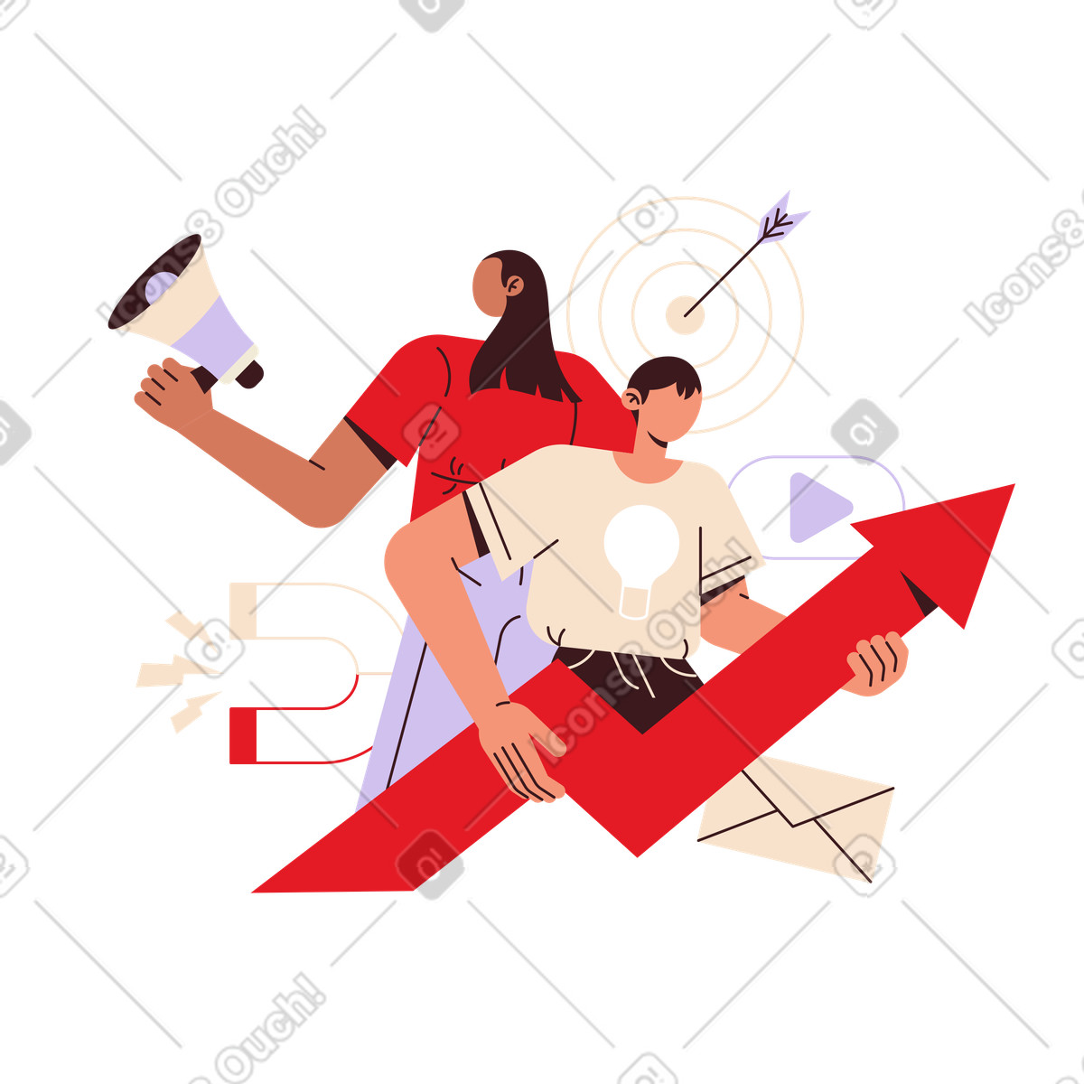 Marketing specialists with megaphone and upward arrow, strategy business growth-Illustration im Folks-Stil als Download in PNG, SVG