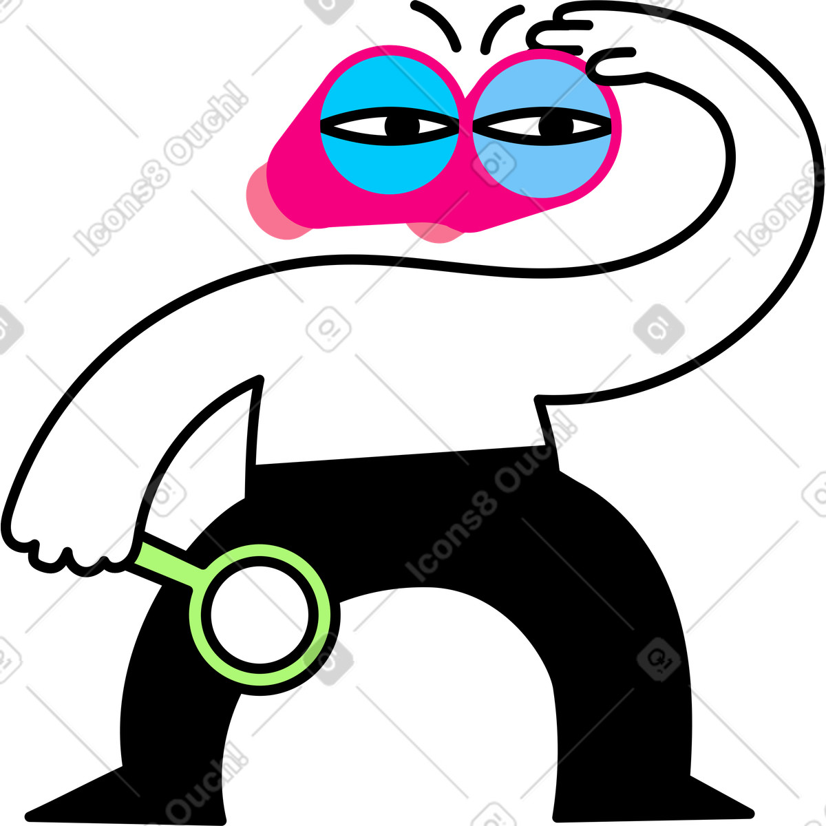 Figur mit einem fernglas auf dem kopf, das eine lupe hält-Illustration im Giggle-Stil als Download in PNG, SVG