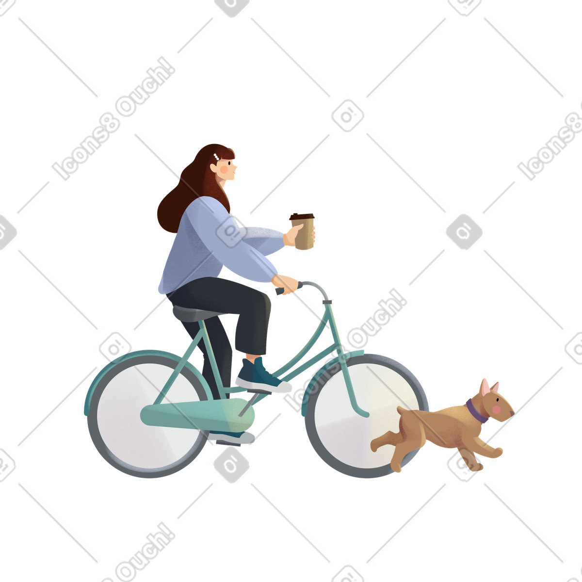 Ilustração de Mulher no jumper violeta andando bicicleta com uma xícara café e um cachorro correndo em estilo Shine para baixar em PNG, SVG