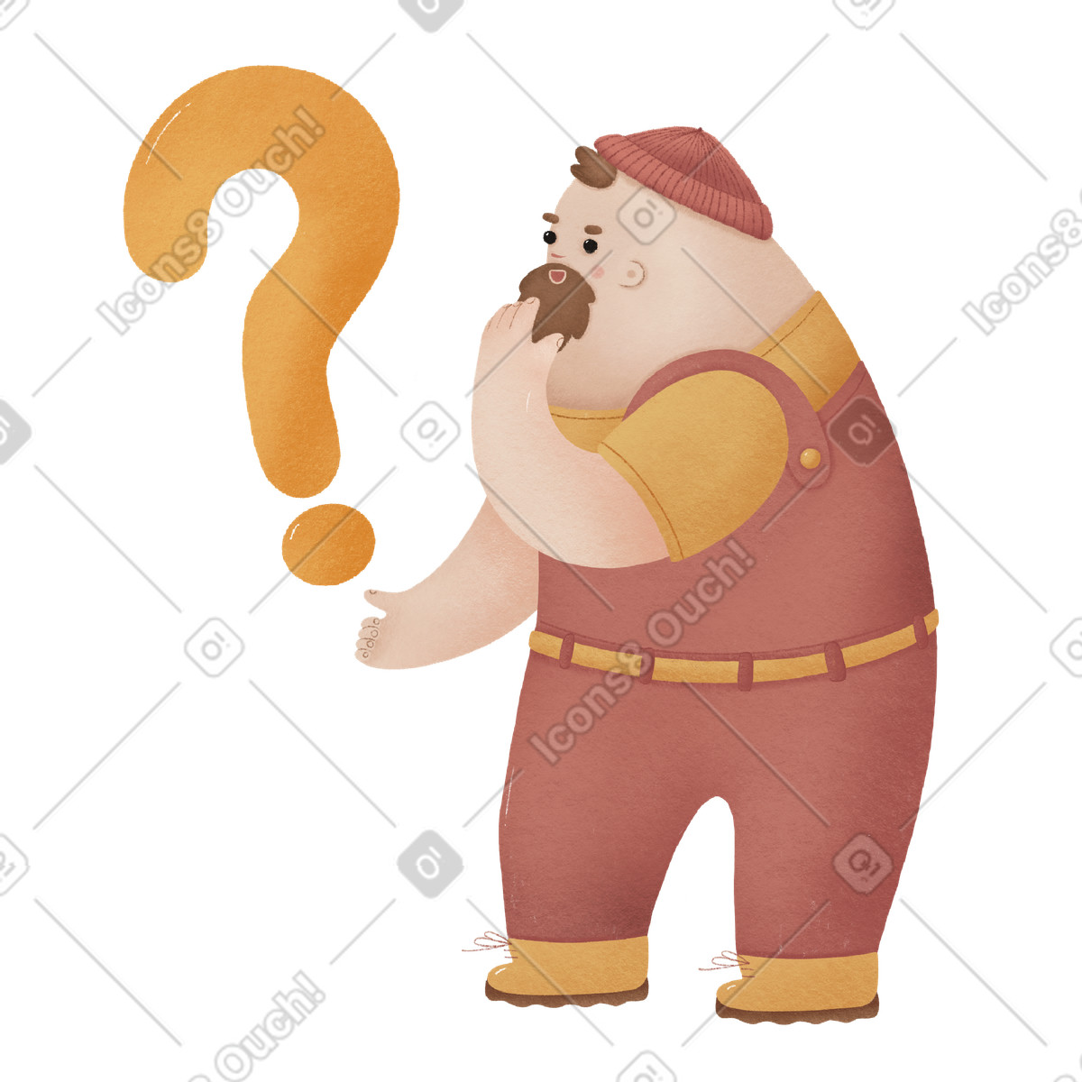 Man in red jumpsuit thoughtfully scratches beard while standing next to question mark illustration Woolly style download PNG, SVG