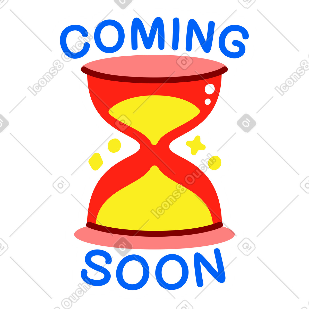 Lettering sticker coming soon hourglass yellow red text illustration in style download in PNG, SVG