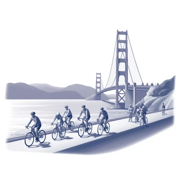 A view of the Golden Gate Bridge with its iconic towers and cables rising prominently in the background. The bike path is busy with cyclists, some riding in pairs while others are alone, displaying a variety of cycling gear. The cyclists exhibit a range of physical appearances and styles, showcasing different bicycles, including road bikes and mountain bikes. The bridge is surrounded by the water, with gentle waves lapping at the sides, and the sky is expansive, indicating a bright day. The scene captures the energy and movement of the cyclists in contrast with the majestic structure of the bridge.