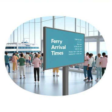 A digital screen mounted on a sleek metal frame, displaying "Ferry Arrival Times" in bold, bright white letters. The screen shows a list of various ferry routes with corresponding arrival times in a modern font. Surrounding the screen, there are crowds of people in casual clothing, some checking their phones while others converse. The terminal has large glass windows letting in natural light, and the floor is polished with a reflective surface. A ferry can be seen through the windows, docked at the terminal with passengers preparing to board.