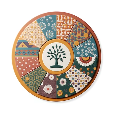 A large, circular canvas displaying a collaborative artwork filled with traditional motifs from various cultures. Intricate patterns from African textiles are interwoven with delicate designs inspired by East Asian art. In one section, vibrant geometric shapes represent Native American artistry, while another portion showcases ornate floral patterns reminiscent of Middle Eastern designs. The colors are rich and varied, including deep reds, yellows, blues, and greens, creating a harmonious blend that celebrates cultural diversity. The center of the canvas features a symbolic tree, which intertwines elements from each culture, signifying unity and collaboration.