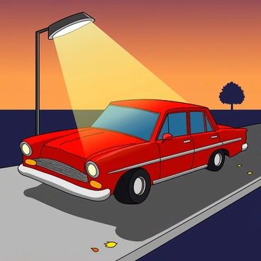 A classic red sedan with a shiny exterior is parked beneath a tall streetlight. The streetlight casts a warm, yellow glow around the car, illuminating its sleek lines and chrome details. The sky in the background is transitioning from orange to dark blue as dusk settles in. The car's windows are slightly tinted, reflecting the soft light. Alongside the sedan, there is a narrow sidewalk made of gray concrete, with a few scattered autumn leaves. A distant silhouette of a tree can be seen, adding to the evening atmosphere.