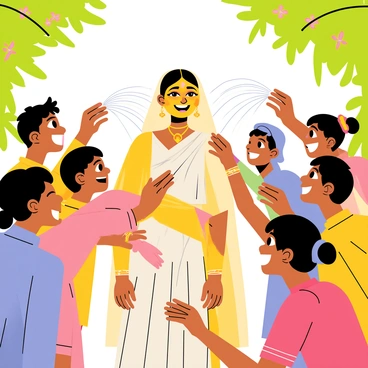 A vibrant outdoor wedding scene with guests gathered around a smiling bride. The bride is adorned in a beautiful traditional outfit, and her skin glistens with yellow haldi paste. Friends and family are playfully sprinkling clear water over her, creating a splash effect. Laughter and joy fill the air as the guests, dressed in colorful attire, enjoy the festive moment. A backdrop of lush greenery and blooming flowers enhances the celebratory atmosphere.