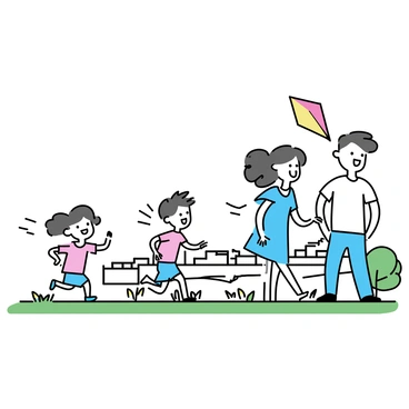 A family of four is standing on a grassy hilltop. The mother, wearing a light blue dress, is holding a colorful kite with a long tail, while the father, dressed in a white t-shirt and jeans, assists their young son who is excitedly running with a red kite. The daughter, wearing a pink shirt and shorts, is laughing as she tries to get her yellow kite airborne. In the background, a sprawling city can be seen below, with buildings and roads contrasting against the clear sky. The trees surrounding the hilltop are swaying gently in the breeze.