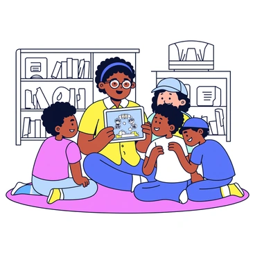 A group of four children is gathered around a teacher. The teacher is sitting on a colorful rug and holding an interactive digital storybook. The storybook has a bright screen displaying vivid illustrations and text. The children, showing expressions of curiosity and excitement, include a girl with pigtails, a boy with glasses, a child with curly hair, and another with a baseball cap. They are seated closely, leaning forward to get a better view of the book. In the background, there are shelves filled with books and educational materials.