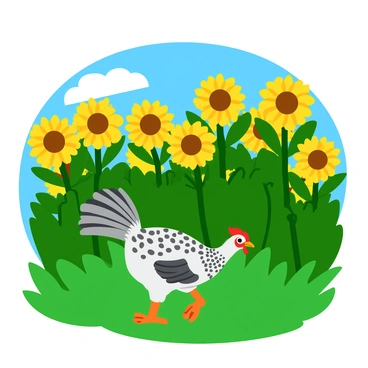 A vibrant guinea fowl with speckled gray and white feathers is walking through a field of tall sunflowers. The sunflowers stand majestically, their yellow petals open wide towards the bright blue sky. The guinea fowl is positioned slightly off-center, interacting with the flowers as it explores the lush green grass beneath its feet. The sunflowers tower above, creating a lively backdrop filled with varying shades of yellow and green. The scene is filled with light, emphasizing the cheerful atmosphere of a sunny day.