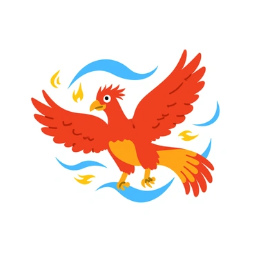 A majestic phoenix with vibrant red and orange feathers spreads its wings wide as it flies high in the sky. Flames trail behind the phoenix, creating dynamic flickers of light and heat. Its beak is sharp and pointed, and its eyes shine with intensity. The background features a clear blue sky, enhancing the brightness of the phoenix's fiery plumage. The wings of the phoenix are outstretched, showcasing intricate feather patterns and fiery colors.