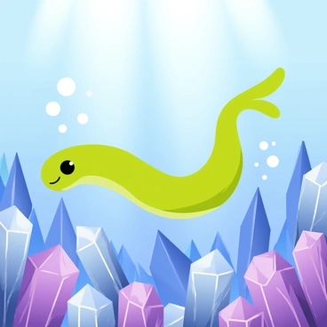 An eel with a smooth green body gliding gracefully through the water. The ocean floor is covered with large, shimmering crystals in various shades of blue and purple, casting an ethereal glow around. Bubbles rise gently from the eel as it moves among the crystals, creating a sense of fluid motion. Soft rays of sunlight penetrate the water, illuminating the scene and enhancing the vibrant colors of the crystals.