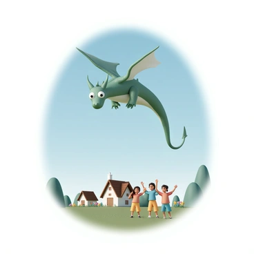A friendly dragon, covered in shimmering green scales and featuring large, gentle eyes, is soaring gracefully in the sky. The dragon has outstretched wings that create a beautiful silhouette against the backdrop of a clear blue sky. Below, a peaceful village can be seen, consisting of quaint, thatched-roof cottages with colorful flower gardens in front. A group of enthusiastic children, wearing bright clothing in shades of red, blue, and yellow, are standing in a grassy field, waving joyfully at the dragon as it flies overhead. The scene conveys a sense of happiness and wonder.