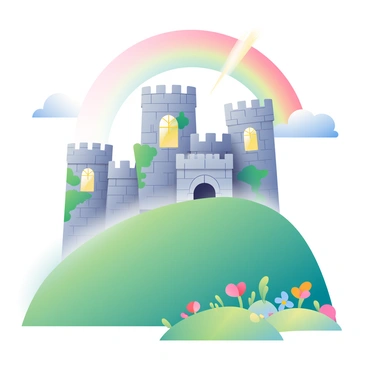 A grand castle with tall stone towers and large arched windows is perched on a green hill. The castle's grey stone walls are detailed with ivy climbing up the sides. A layer of mist envelops the base of the hill, giving a mysterious atmosphere. Above the castle, a vibrant rainbow arches across the sky, displaying a spectrum of colors. The sunlight is breaking through the clouds, casting a gentle light over the scene. In the foreground, lush green grass and colorful wildflowers can be seen, enhancing the enchanting setting.