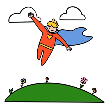 A young superhero with light skin and short blonde hair is practicing their flying skills in a clear, open field. They are wearing a bright red costume with a golden emblem on the chest and a blue cape fluttering behind them. The superhero is in mid-air, arms stretched out, showcasing determination and focus. Below, the green grass of the field stretches out, with a few colorful wildflowers scattered throughout. The sky is bright blue with a few fluffy white clouds, indicating a sunny day.