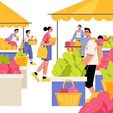 A bustling local market scene filled with various stalls showcasing colorful fruits and vegetables. The market is under bright, warm sunlight, illuminating the vibrant colors of the produce. Stalls are adorned with fresh oranges, lush green lettuce, ripe tomatoes, and bright red strawberries. A few shoppers are visible, carrying canvas bags filled with groceries, while a vendor behind a stall enthusiastically displays a basket of shiny apples. The atmosphere is lively, with a mix of chatter and laughter in the air.