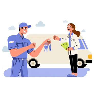 A delivery driver wearing a blue uniform is smiling while handing over a set of car keys to a satisfied customer. The customer, a woman with brown hair, is beaming with joy as she accepts the keys. The background features a bright sunny day with a delivery van parked nearby, showcasing the company logo on the side. The scene captures the moment of happiness and satisfaction between the driver and the customer.