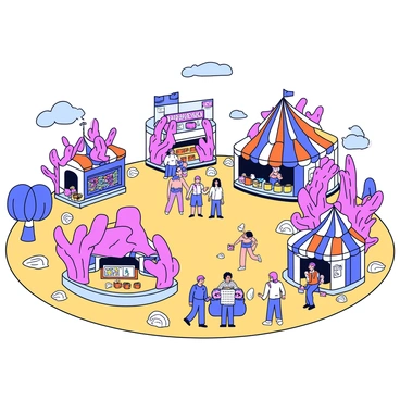 A surreal carnival filled with vibrant rides and stalls made entirely of colorful coral structures. Each ride resembles twisting coral formations, with bright hues of pink, orange, and blue. The stalls are uniquely shaped like intricate coral reefs, displaying various attractions and games. There are visitors interacting with the stalls, enjoying the atmosphere. The ground is sandy, with scattered seashells complementing the coral theme, while the sky above has a whimsical feel.