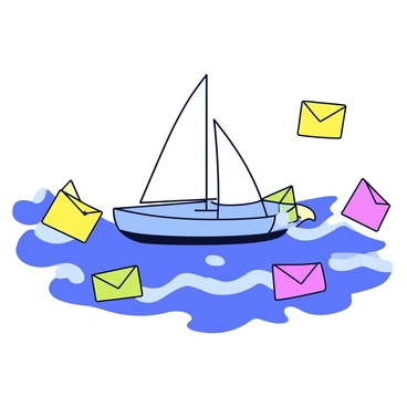 A small sailboat with white sails is navigating through a sea composed of colorful feedback notes and letters. The boat has a bright blue hull and a simple design. The feedback notes are various shades of yellow, pink, and green, floating in waves around the boat. Some letters are seen half-submerged, while others drift alongside the sailboat. The scene conveys a sense of motion as the boat moves through the vibrant sea of correspondence.