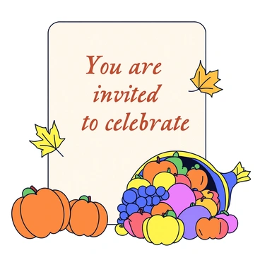 A wedding invitation designed with a harvest theme. The background features a subtle texture resembling natural paper. In the foreground, there are two plump orange pumpkins, one slightly larger than the other, placed beside a beautifully arranged cornucopia filled with various fruits and vegetables. The cornucopia includes colorful apples, grapes, and vibrant squash, all overflowing. Elegant script text in the center reads "You are invited to celebrate" in a warm brown color, complemented by small autumn leaves scattered around the edges of the invitation.
