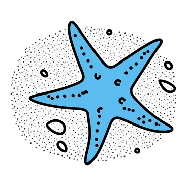 A cyanotype of a starfish with five distinct arms, gently resting on a textured sandy ocean floor. The starfish's surface shows various patterns and small details, contrasting with the smooth granules of sand beneath it. Surrounding the starfish, there are a few scattered seashells and small pebbles, creating a natural marine environment. The overall composition emphasizes the intricate features of the starfish against the serene backdrop of the sandy ocean floor.
