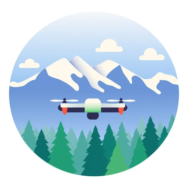 A drone with four propellers is hovering in the foreground, capturing the view. Behind it, a vast snow-capped mountain range stretches across the background, with jagged peaks covered in white snow glistening under bright sunlight. In the sky, a few fluffy white clouds are scattered, contrasting against the deep blue. Below the mountains, a dense forest of evergreen trees is visible, creating a rich green landscape. The scene conveys a sense of height and perspective, showing the drone positioned just above the tree line.