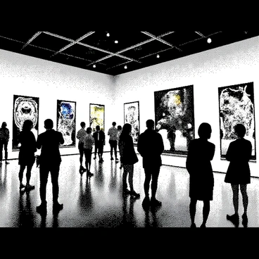 A spacious art gallery is filled with various displays of "animated digital paintings" on large screens. Each screen showcases vibrant visuals that seem to move and flow. The walls are adorned with "holographic sculptures" that appear to hover and change shape, creating an engaging atmosphere. The floor is polished and reflective, enhancing the modern feel of the gallery. Visitors can be seen admiring the art, capturing photos, and engaging in discussions about the exhibits. Soft lighting illuminates the space, highlighting the intricate details of the digital and holographic works.