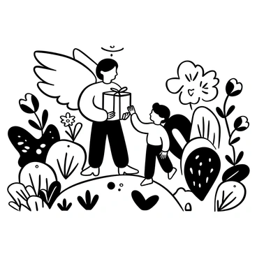 An angel with large, detailed wings stands beside a child in a garden filled with various plants and flowers. The angel holds a glowing gift box, presenting it to the child, who reaches out with one hand. The garden is depicted with a variety of trees and bushes, while intricate patterns of leaves and petals surround the scene. The ground is covered with soft grass, and there are gentle curves of a path leading through the garden.